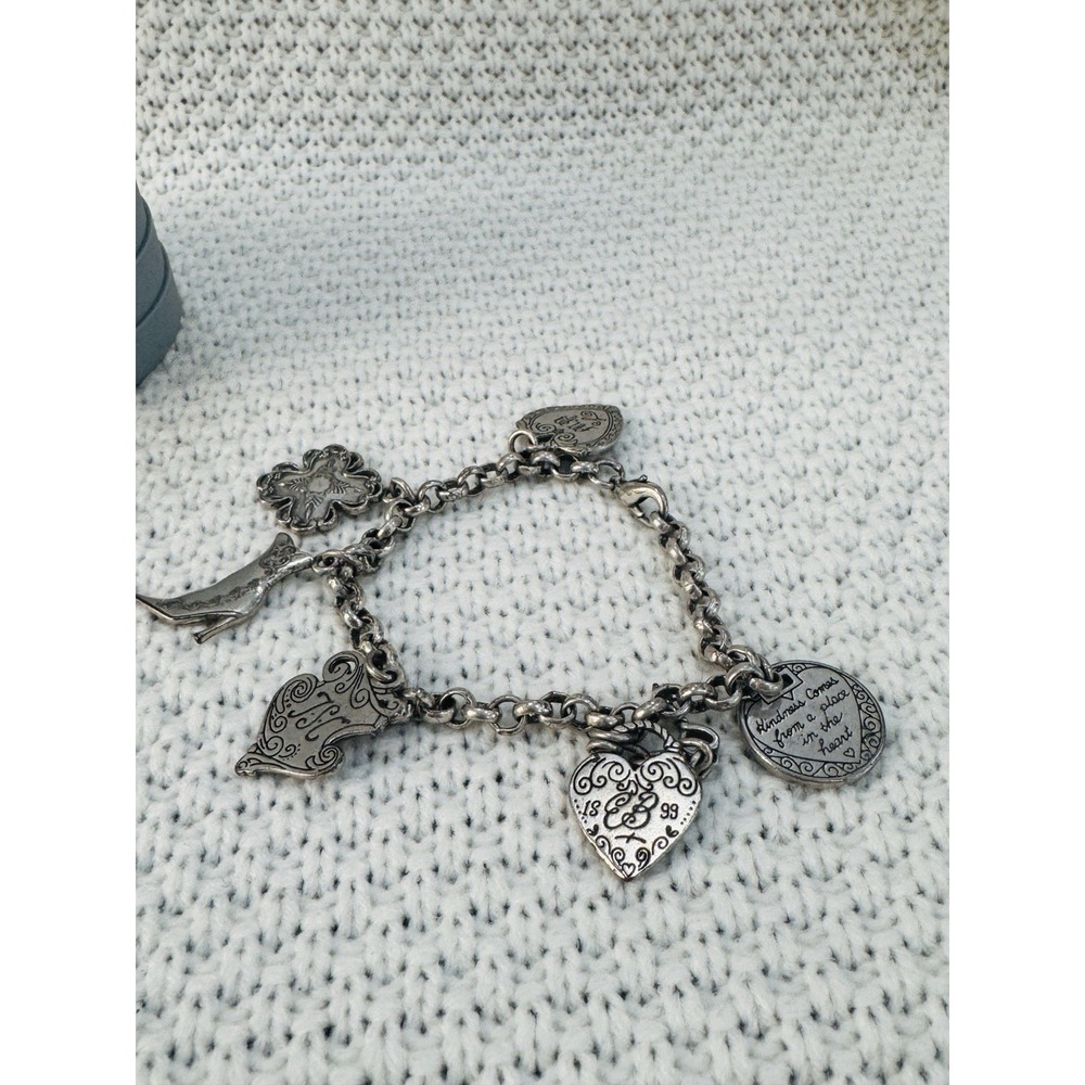 Ornate Silver Tone Multi Charm Link Bracelet 7.5"
